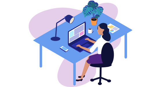 illustrated woman at a desk with laptop